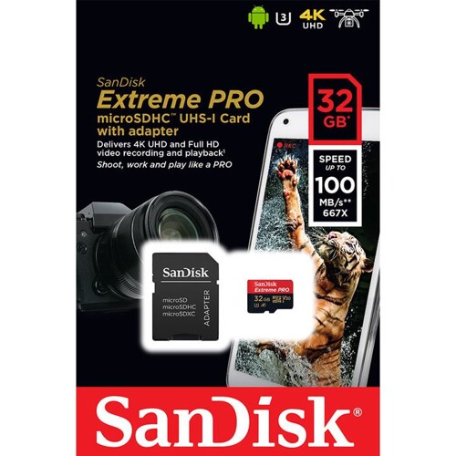 SanDisk Extreme PRO SDHC 32GB 100MB/s V30 + ada