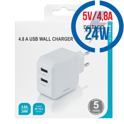 DELTACO USB-AC175, 2x USB A, Nabíjačka, biela