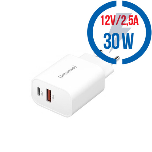 INTENSO W30AC, 2x USB A/C, Nabíjačka, 30W, biela