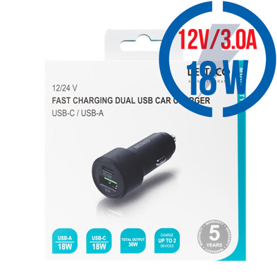 DELTACO USBC-CAR12, Autonabíjačka 1x USB-C/USB-A